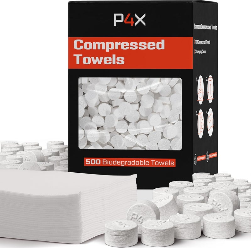 PREPARED4X Compressed Towel Tablets - 100% Bamboo Camping Toilet Paper Tablets, Great for Hiking, Travel and Backpacking - Disposable Washcloths, Body Wipes, Paper Towel Coin Tissue - 100/250/500 Pack - Image 1